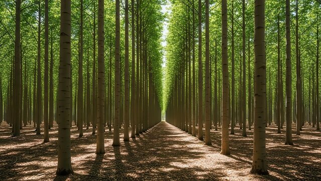 Symmetrical rows of tall poplar trees in a green forest plantation with sunlight filtering through the canopy