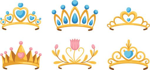 Set of golden princess crowns and tiaras with blue and pink gems, flat vector illustration for girls birthday and royalty. © rakib's world