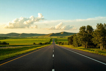Open Road Through Rolling Hills and Green Plains