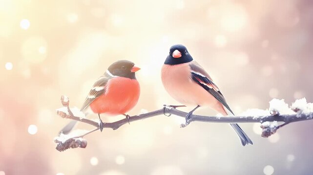 A closeup of a bird perched on a branch covered in snow. The bird is predominantly black with a pinkishorange breast and a black head and neck.