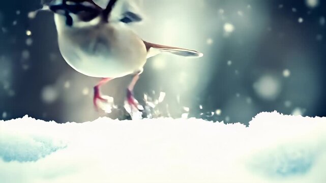 A closeup of a bird standing on snow, with a bokeh effect in the background. The bird is brown, white, and black with a distinctive pattern on its face and body.