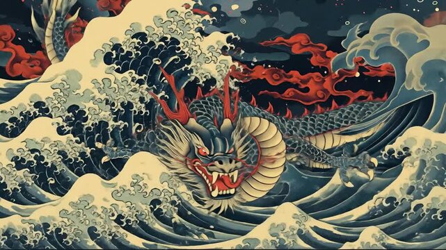 Majestic Japanese-style dragon emerging from powerful ocean waves with red accents and traditional art aesthetic.
