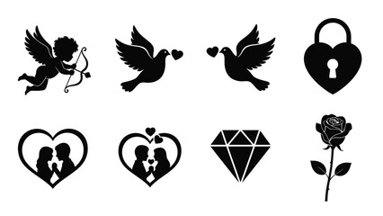 Black silhouettes of love symbols including cherub doves heart shapes lock rose and diamond white with romance with valentine Silhouette vector on whit Background