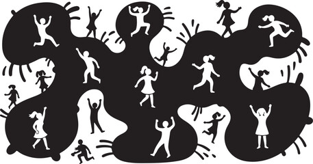 Silhouette of people dancing and jumping together happily