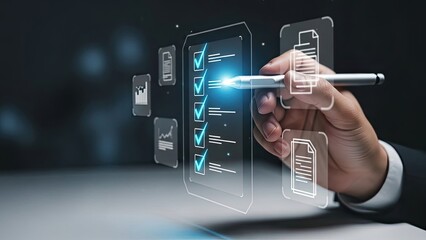 Businessman checking digital checklist on virtual screen with stylus pen.