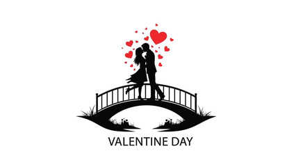 Romantic valentine's day illustration of a loving couple kissing a bridge surrounded by floating hearts a white with Valentine s Day Silhouette vector on whit Background