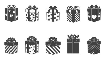 Black and white gift boxes with bows and various patterns a white for birthday and holiday celebrations white with presents Silhouette vector on whit Background