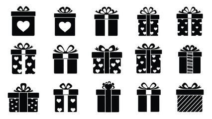 Black gift boxes with various designs and patterns white white with gift box icons and gift wrapping and presents with gifts Silhouette vector on whit Background