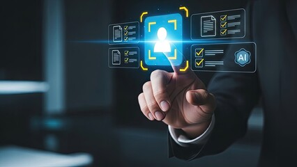 Businessman interacting with futuristic biometric security system.