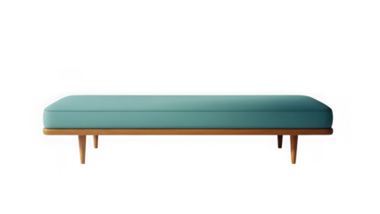 Modern teal ottoman bench with wooden legs isolated on transparent background