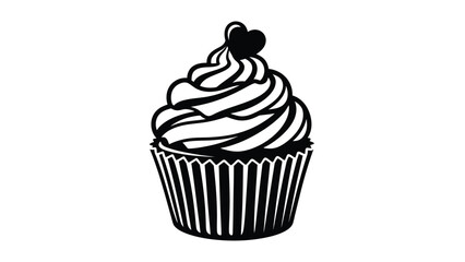 A black and white illustration of a cupcake with swirled frosting and a heart top in a paper wrapper white with dessert and food Silhouette vector on whit Background