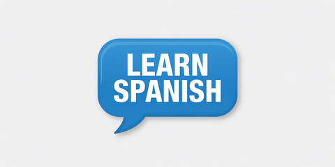 Blue speech bubble with white text LEARNSPANISH on a subtle gray background