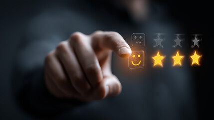 A hand interacts with digital emoticons and star ratings, symbolizing feedback and assessment in a modern digital interface.