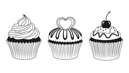 Three cupcakes with different toppings and decorations white white with desserts and sweets and pastry and baking with food Silhouette vector on whit Background