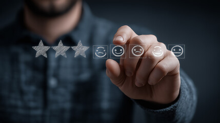 A person rates their experience using a star and smiley face system, illustrating the importance of feedback in evaluating services or products.