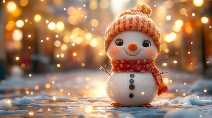 Obraz premium Cute snowman in winter scene with lights