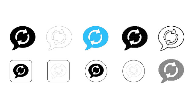 Set of refresh or reload icons inside speech bubbles and shapes, various styles including solid, outline, and colored