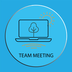 Online Team Meeting Icon with Laptop and Eco-Friendly Tree Symbol on Blue Background.