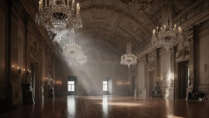 Obraz premium Grand Ballroom with Sunbeams and Chandeliers.
