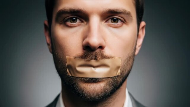 Bearded man's face, close-up, beige tape covers his mouth