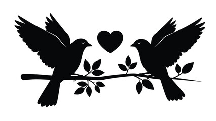 Two black birds a branch with leaves and heart symbol white white with love and romance and illustration with graphic and clipart Silhouette vector on whit Background
