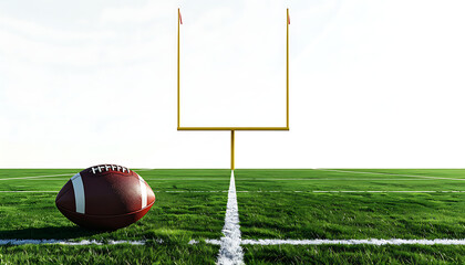 American football on a green grassy field with a goalpost standing tall in the background