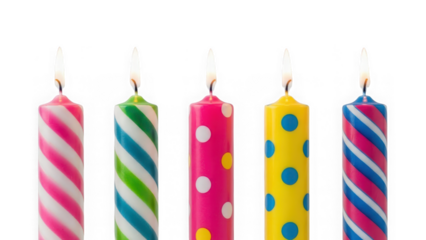 Colorful birthday candles with various patterns isolated on transparent background