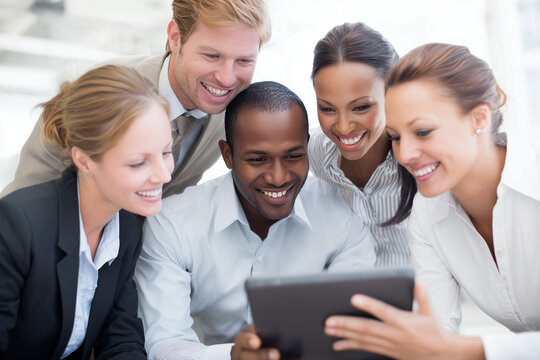 Diverse business team collaborating over a tablet collaboration teamwork  - Powered by Adobe