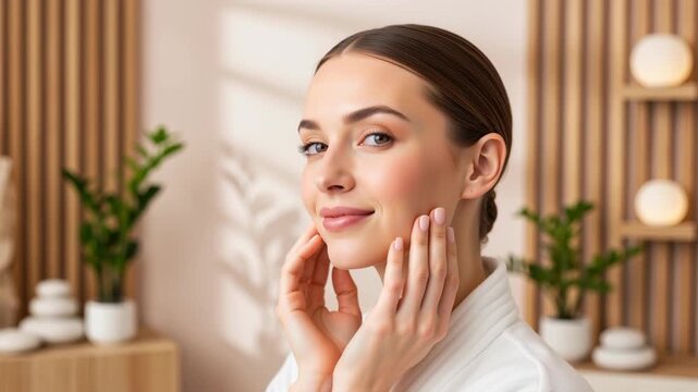 A young woman with clean skin gently touching her face. Beauty model in a white robe in a modern spa. Skincare, wellness, and self-care concept