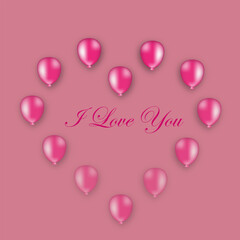 Balloon heart sculpture with "I love you" text on solid pink background with copy space