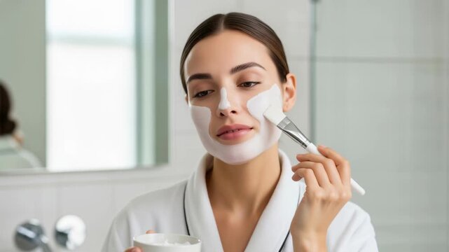 Young woman applying a cosmetic face mask with a brush. Skincare and beauty treatment for healthy skin. Self care and wellness routine at home