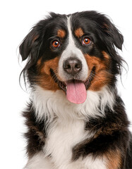 Bernese Mountain Dog posing, happy expression, panting tongue out