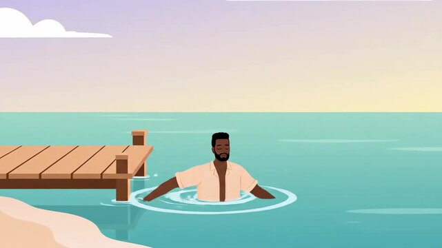 Man Enjoys Summer Vacation Stepping Into Tranquil Tropical Sea From Wooden Pier At Sunrise
