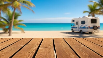 Fototapeta premium Serene beach scene with rv on sandy shore
