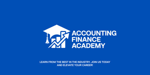 White graduation cap and upward arrow on blue background with accounting finance academy text