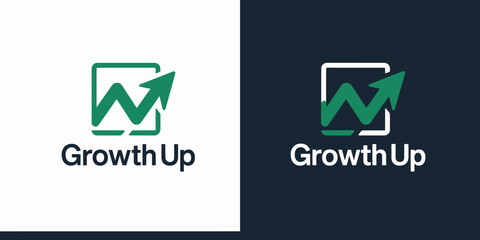 Two versions of a green and white Growth Up with upward arrow and graph on different backgrounds