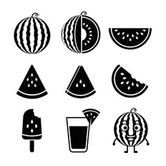 Watermelon Fruit Slice and Whole Icon Set for Food, Nutrition, and Fresh Produce Designs