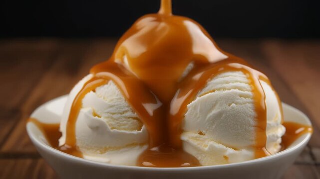 Close-up of vanilla ice cream scoops cascading with golden caramel sauce, served in a white bowl against a dark, wooden background