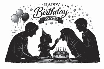 Family Celebrating Child Birthday with Cake Vector Silhouette