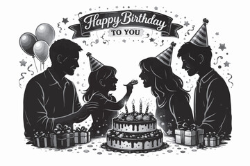 Family Celebrating Child Birthday with Cake Vector Silhouette