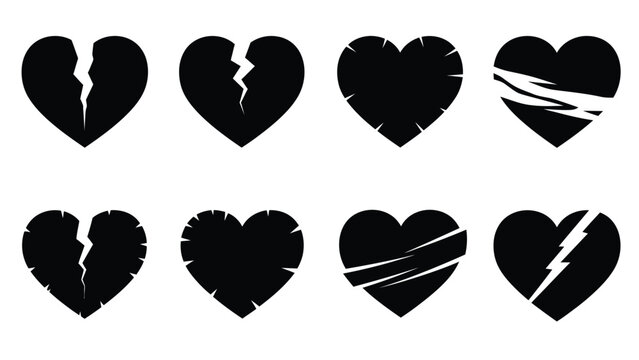 Set of black broken hearts with cracks and lightning bolts white white with heartbreak and symbol and icon Silhouette vector on whit Background