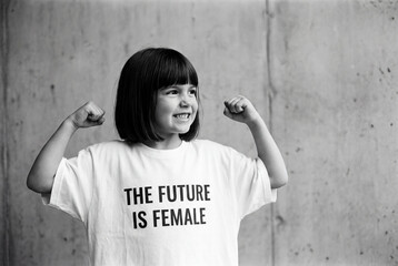 Strong confident girl empowering future generations with gender equality message in black and white.