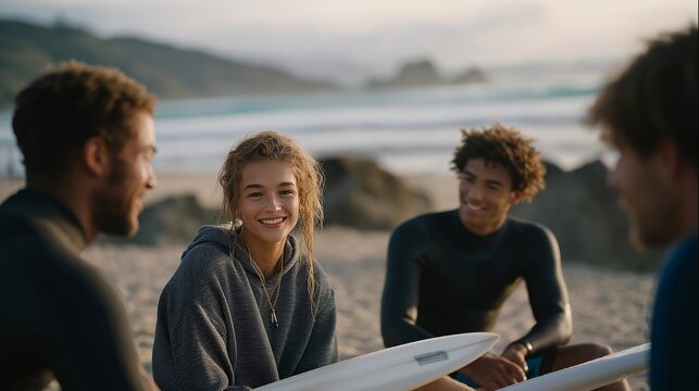 A group of surfers taking a break on the sandy beach after a surf lesson, sharing stories and laughter while enjoying the stunning ocean view and the warmth of the sun on their skin. cinematic