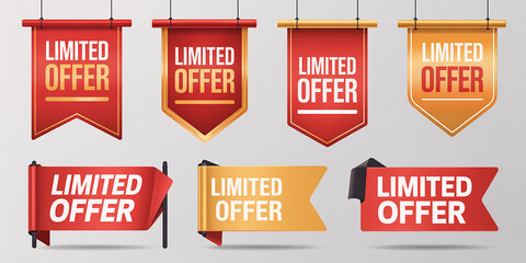 Collection of red and gold banners and ribbons with text LIMITEDOFER limited offer