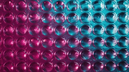 Close up of vibrant iridescent bubble wrap in pink and turquoise lighting