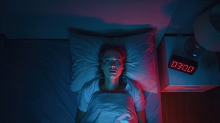 Top view of woman lying on pillow in bed under moody lighting staring at ceiling next to glowing red clock reading 3 am visualizing struggle with insomnia and sleep disorders