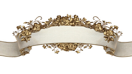 Ornate gold floral ribbon banner with detailed embossed flowers luxury decorative frame elegant scroll isolated on white background

