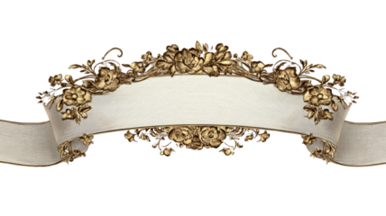 Ornate gold floral ribbon banner with detailed embossed flowers luxury decorative frame elegant scroll isolated on white background
