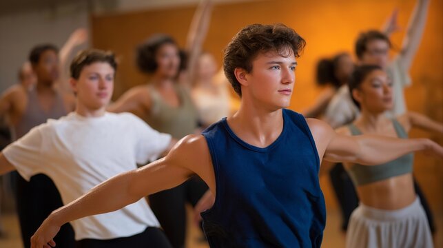 A dance instructor energetically guiding a diverse group of students through choreography in a lively studio, capturing the joy and dedication of everyone as they learn and move together. cinematic