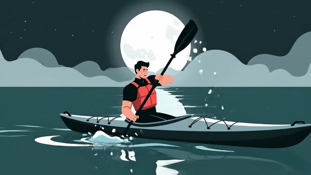 Man Kayaking On A Moonlit Night Adventure On Serene Waters In Vector Illustration